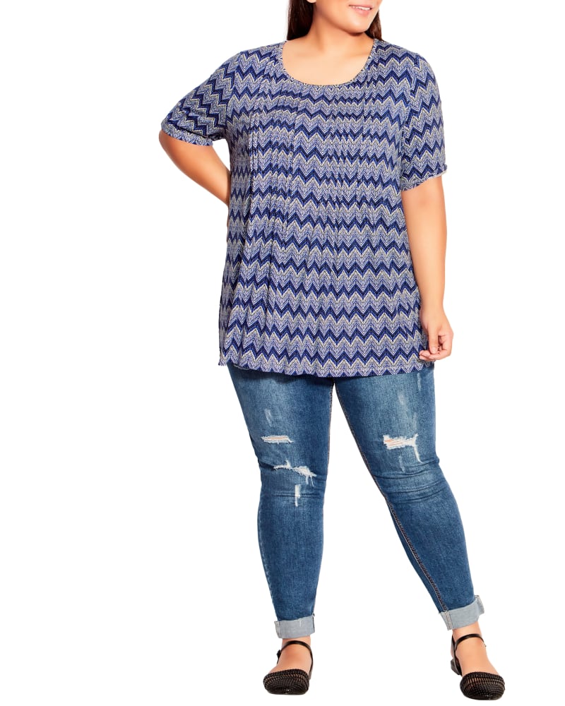Plus size model wearing Averie Pleated Knit Top by avenue | Dia&Co | dia_product_style_image_id:200449